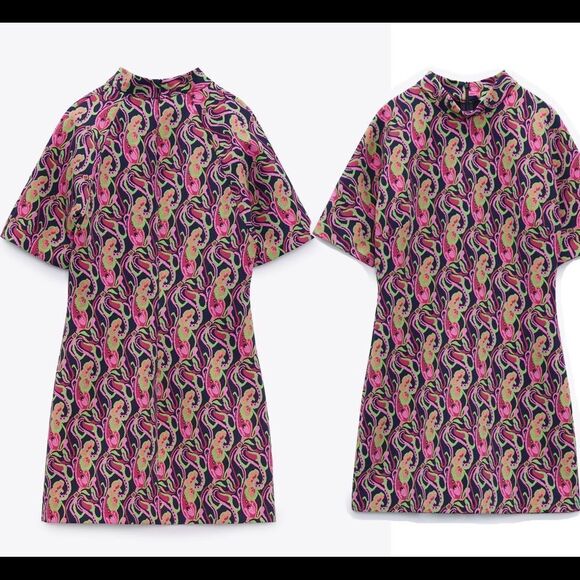 Zara pink printed multicoloured high collar short sleeve mini dress size S NWT - Picture 4 of 10